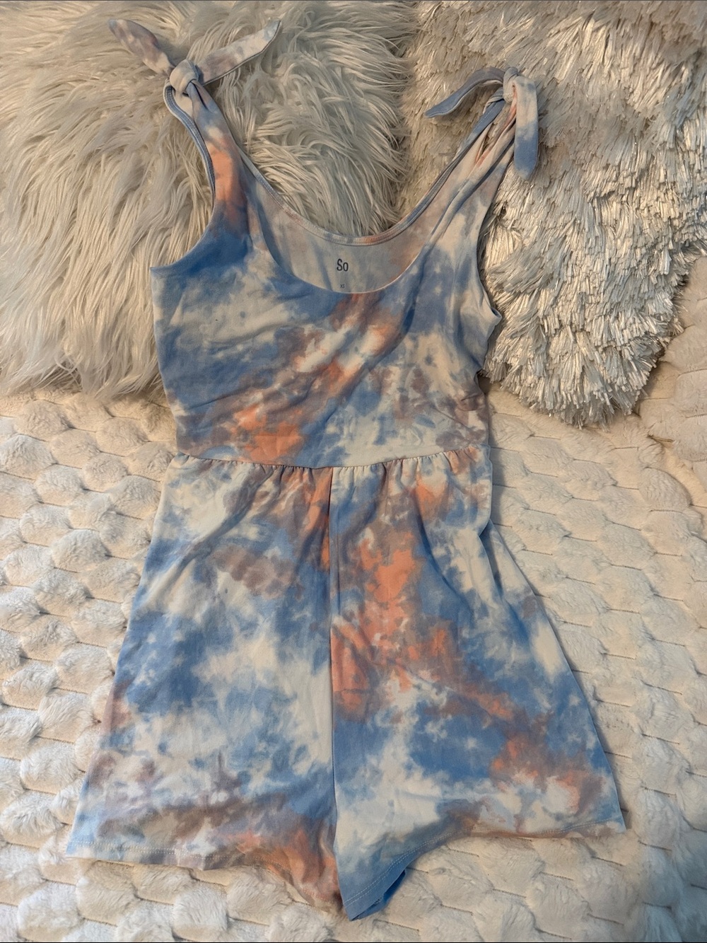 SO Tie-Dye Blue & Peach Women's Romper with Tie Straps
